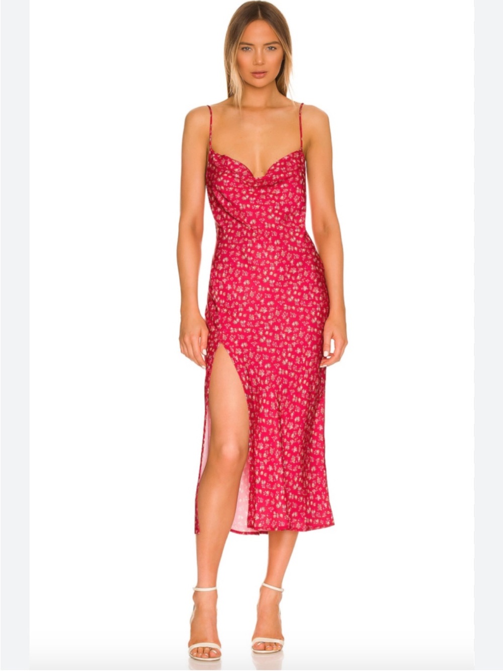 RESA Red Floral Midi Slip Dress with Side Slit